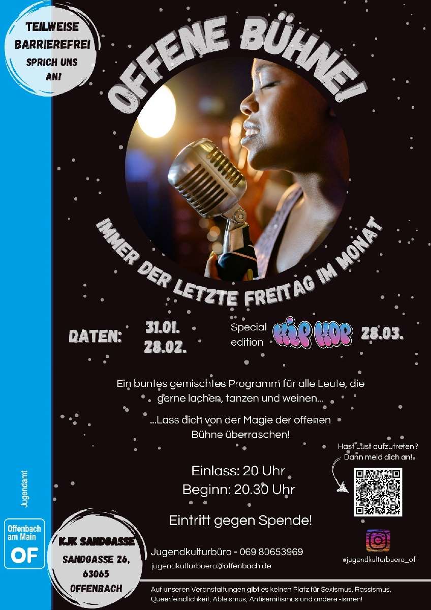 Ein dunkles Bild in der Mitte mit einer Frau vor einem Mikrofon, die wahrscheinlich singt.