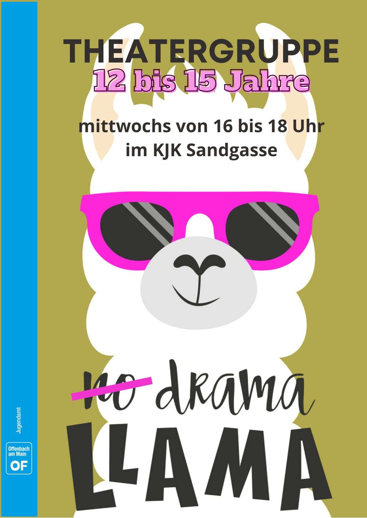 Ein Comiclama unter dem No drama Llama steht, da no ist durchgestrichen. Text: Theatergruppe 12-15 Jahre. KJK Sandgasse.