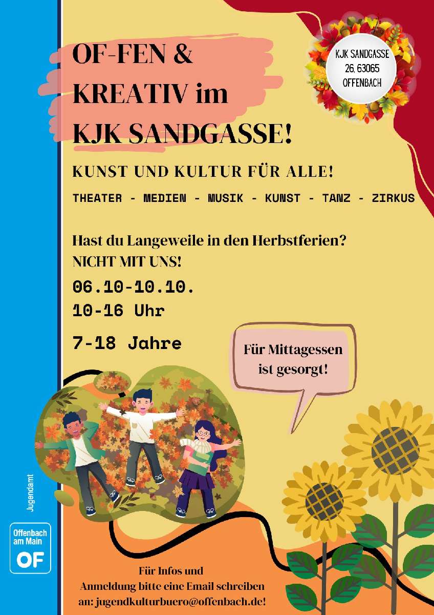 Ein gelber Hintergrund mit Blumen und glücklichen Figuren.Mittig steht: OF-FEN 